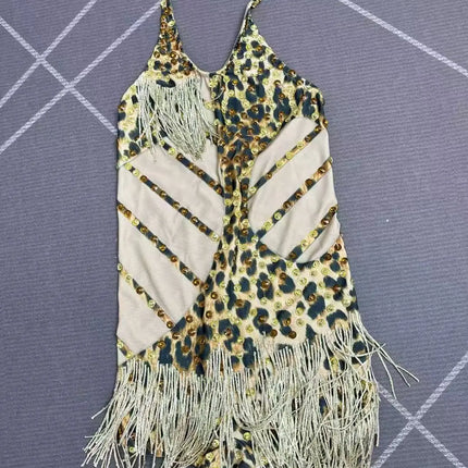 Sexy Backless Halter Leopard Fringe Bodysuit Women Bar Party Crystal Tassel Leotard Singer Concert Performance Dance Costume