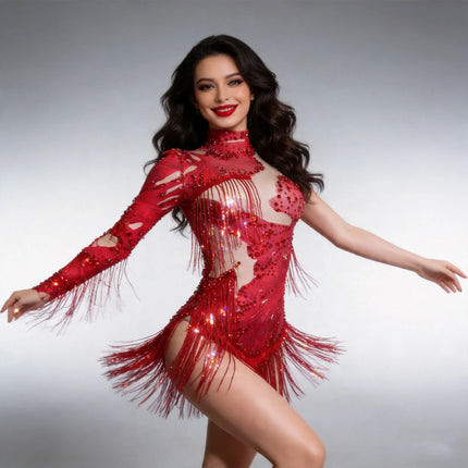 Leopard Sequin Fringe Asymmetrical Bodysuit One-Sleeve Stage Performance Costume