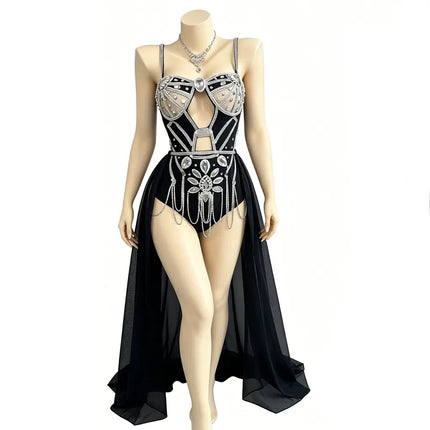 Sparkly Rhinestones Chains Bodysuit with Gauze Trailing Women Nightclub Bar Stage Performance Costume Music Festival Rave Outfit