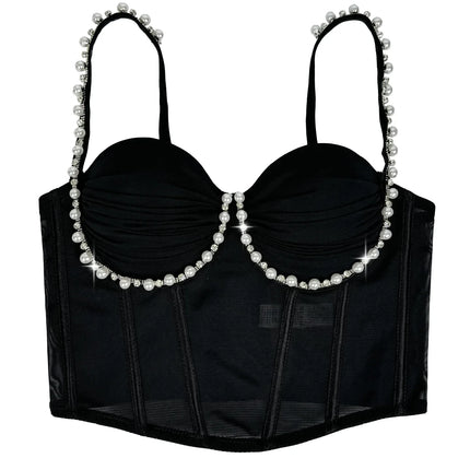 Pearl & Rhinestone Embroidered Bustier Corset Crop Top High Street Bralette