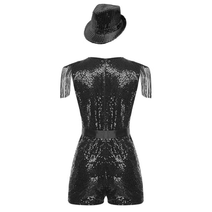 Sequin Tassel Romper, Adjustable Belt & Matching Hat Stage Dance Costume Set