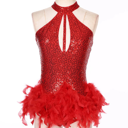The Stardust Empress Royale – Sequined & Feathered Latin Dance Leotard Dress