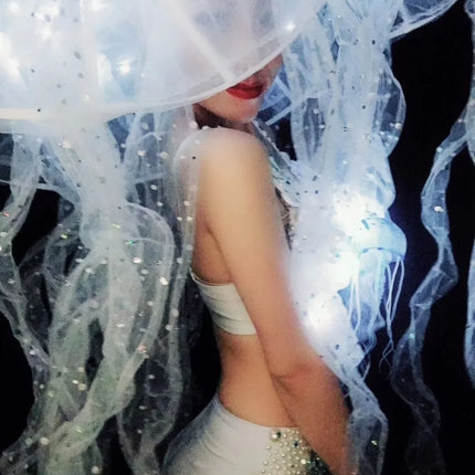 Pearl & Crystal Bustier Bikini Set & LED Illuminated Jellyfish Tentacle Headdress Stage Costume