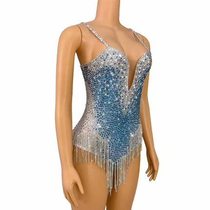 Rhinestone Fringe Bodysuit with Deep V Mesh Insert