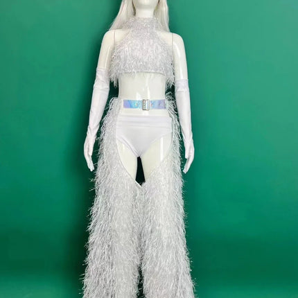 White Faux Fur Halter Top, Flare Chaps Pants, Long Gloves & Hat 4-Piece Stage Dance Costume Set