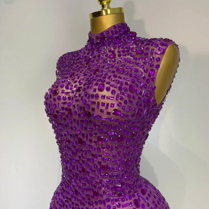 Sparkly Rhinestone Sleeveless Maxi Long Dress See-Through Sheer Mesh Stage Outfit