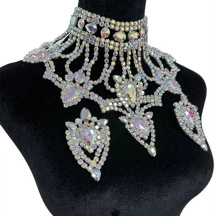 Oversized Glass Gemstone Choker Necklace & Earrings Drag Queen Stage Jewelry Set