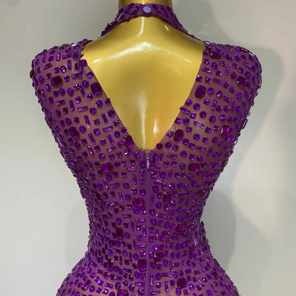 Sparkly Rhinestone Sleeveless Maxi Long Dress See-Through Sheer Mesh Stage Outfit