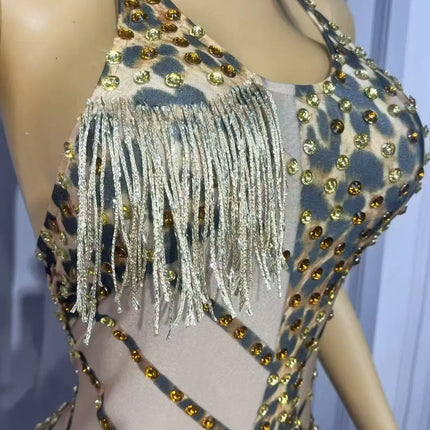 Sexy Backless Halter Leopard Fringe Bodysuit Women Bar Party Crystal Tassel Leotard Singer Concert Performance Dance Costume
