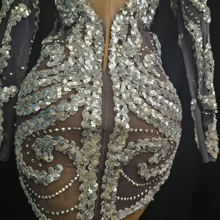 Sparkly Silver Rhinestone & Sequin Sheer Mesh Mini Dress Stage Costume