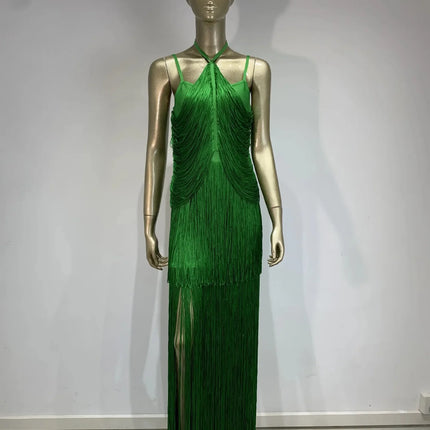 Double-Layer Fringe Bandage Ankle-Length Evening Gown & Gala Dress