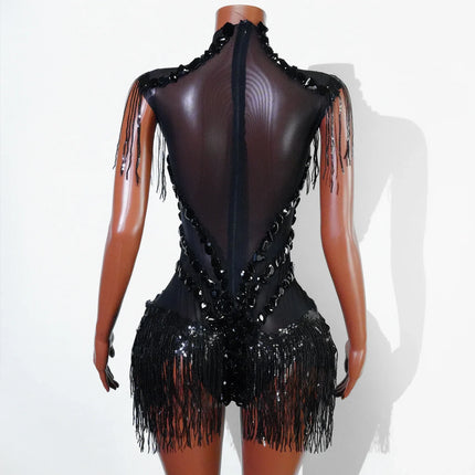The Stardust Midnight Cabaret Bodysuit – Luxury Rhinestone & Mesh Showgirl Costume