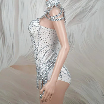 Sparkly Rhinestone Tassel Spandex Bodysuit Halter Dance Stage Costume Leotard