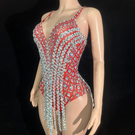 Sparkly Rhinestone Sequin Tassel Bodysuit Stage Performance Dance Leotard