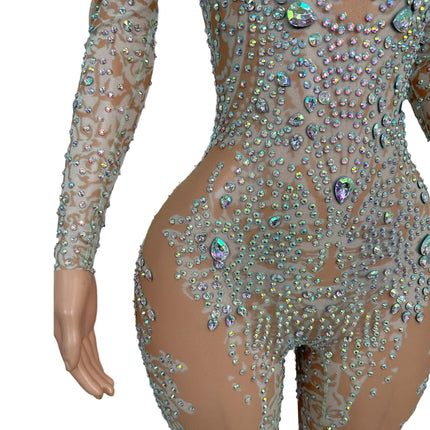 High Neck Crystal Appliqué Illusion Bodysuit