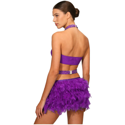 Glittery Rhinestone & Faux Feather Latin Dance Leotard Halter Bodysuit