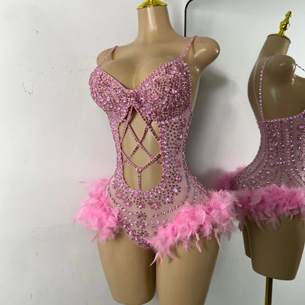 The Stardust Follies Feather Bodysuit – Luxury Rhinestone & Mesh Showgirl Costume