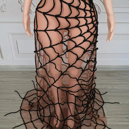 Dramatic Spider Web Crystal Mesh Floor-Length Sheath Dress Stage Costume