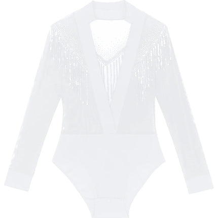Men's Latin Salsa Sequin Tassel & Rhinestone V-Neck Performance Leotard Bodysuit