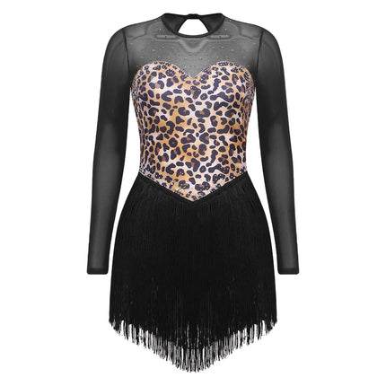 Leopard Print Rhinestone Tassel Dance Dress Long Sleeve Keyhole Bodysuit