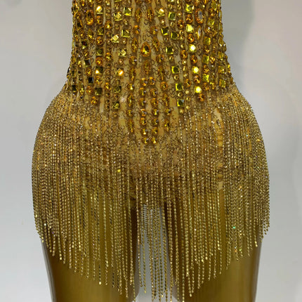 Gold Rhinestone Sheer Mesh Bodysuit Luxury Stage Performance Jumpsuit