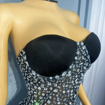 Silver Rhinestone Sheer Mesh Tube Evening Gown Stage Ball Dress