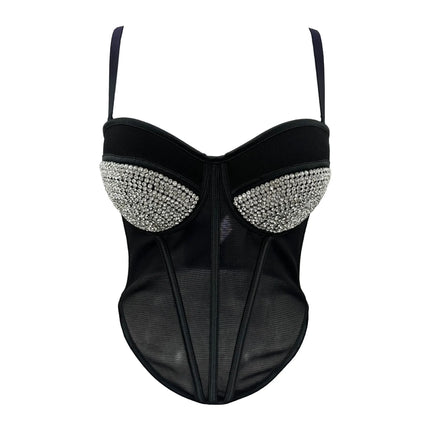 Rhinestone Mesh Denim Bustier Corset Crop Top Push-Up Party Bralette