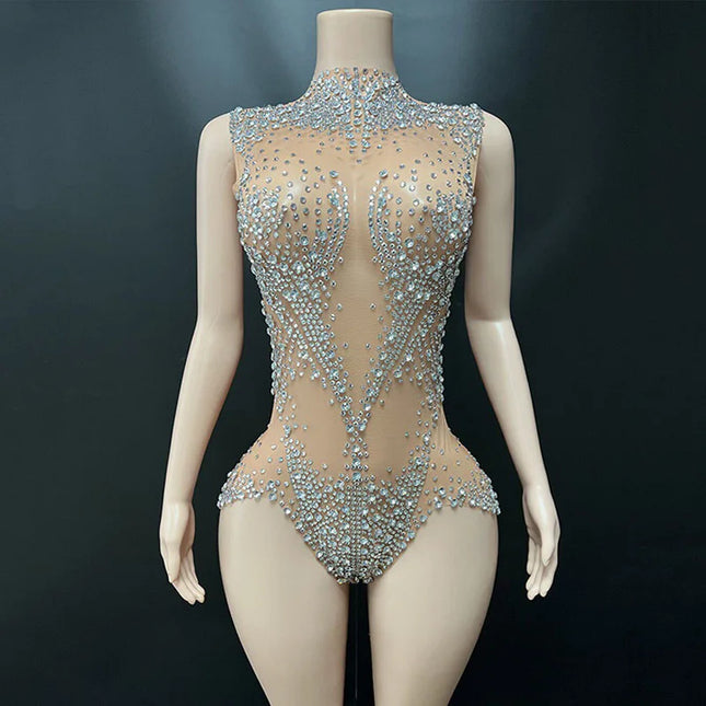 Geometric Rhinestone Sleeveless Stage Bodysuit