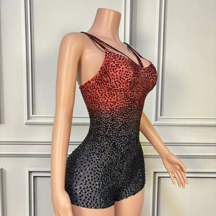 Red Black Rhinestones Sleeveless Bodysuit Women Singer Dancer Concert Performance Dance Costume Nightclub Party Show Stage Wear