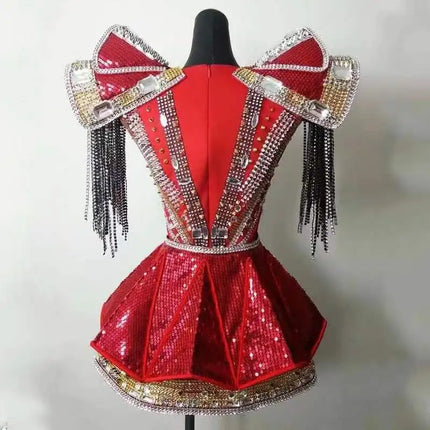 Sparkly Crystal & Rhinestone Armor Bodysuit & Dress Stage Performance Costume