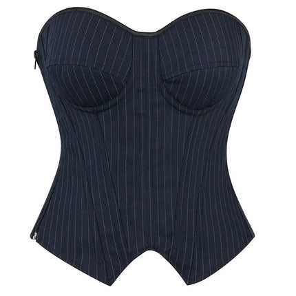 Black Striped Overbust Corset Top Zipper Front Lace-Up Bustier Body Shaper
