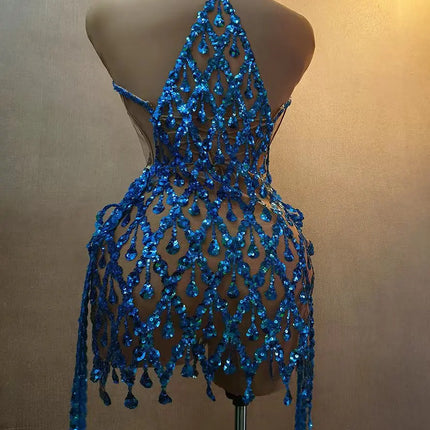 Sparkly Crystals & Sequins Mesh Halter Dress