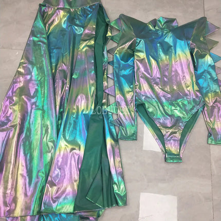 Metallic Armor Bodysuit & Trailing Bustle Skirt 2-Piece Stage Performance Costume Set