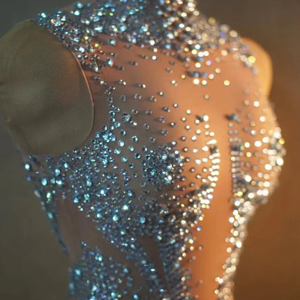 Crystal Mesh See-Through Pole Dance Leotard & Rhinestone Bodysuit Romper