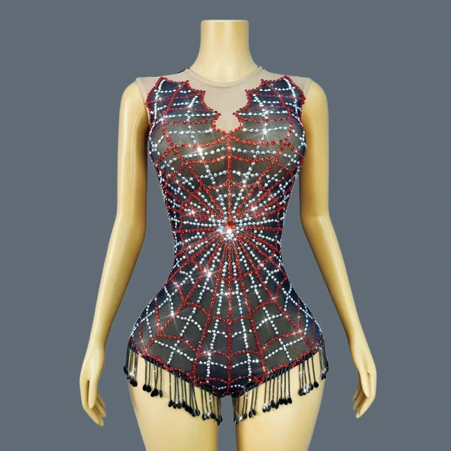 Sparkly Black Mesh Rhinestone Sheer Illusion Bodysuit Stage Performance Costume