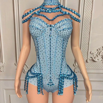 Sparkly Rhinestone Tassel Spandex Bodysuit Halter Dance Stage Costume Leotard