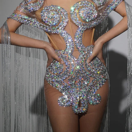 Sparkly Silver Rhinestone Sheer Cape Dress Stage Costume
