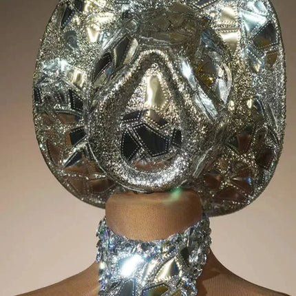Silver Mirror Asymmetrical Bodysuit, Sculpted Captain Hat & Puffer Bolero Coat 3-Piece Stage Costume Set