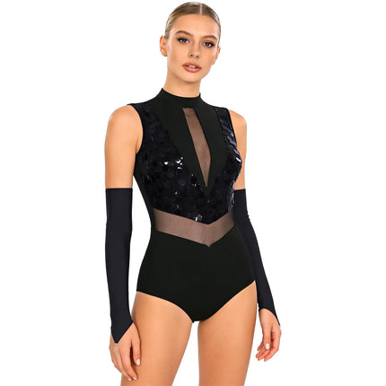 Sparkly Sequin Mock Neck Dance Leotard & Gloves Two-Piece Bodysuit Set