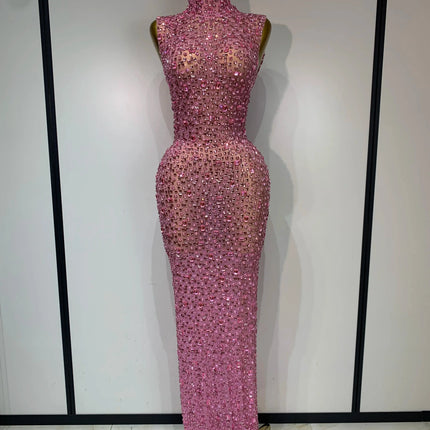 Sparkly Rhinestone Sleeveless Maxi Long Dress See-Through Sheer Mesh Stage Outfit
