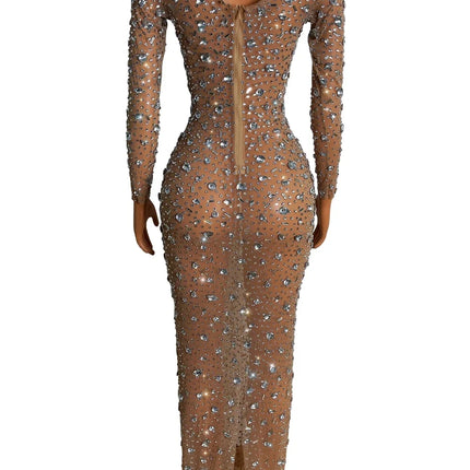 Sparkling Full Crystal Illusion Jumpsuit Long Sleeve Rhinestone Catsuit Stage Wear