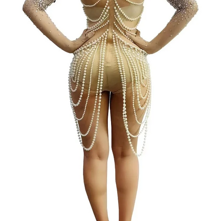 Diamond & Pearl Body Chain Illusion Catsuit Long-Sleeve Mesh Jumpsuit Stage Costume
