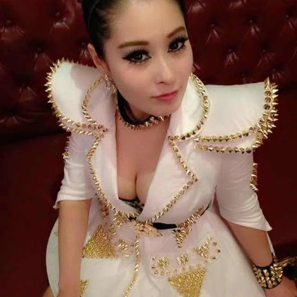 White Faux Leather Studded Stage Dress & Fluffy Skirt Pop Singer Costume Set
