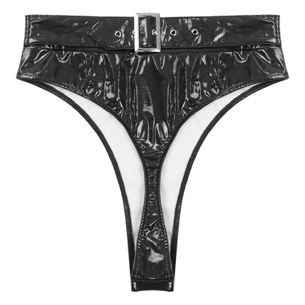 High-Waist Patent Leather Wet-Look Briefs with Adjustable Back Buckle Belt