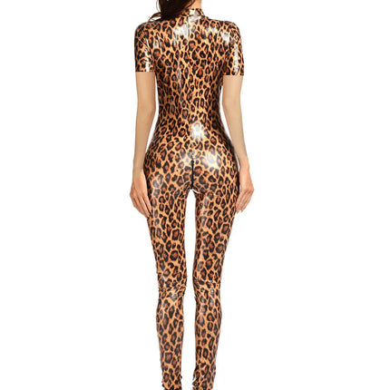 Leopard Print Open Crotch Wet-Look Faux Leather Jumpsuit Stage Cat-Suit Costume