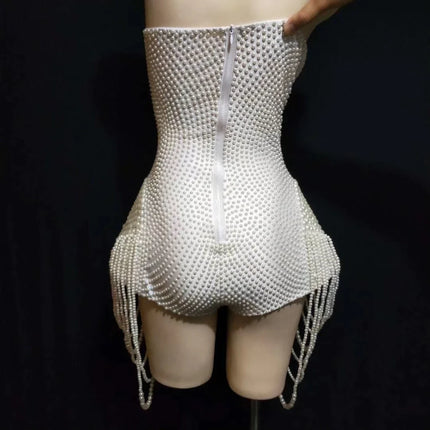 The Stardust Pearl Cascade Bodysuit – Luxury Beaded Tassel Showgirl Costume