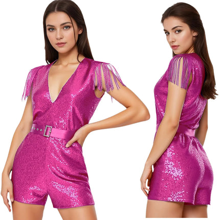 Sequin Tassel Romper, Adjustable Belt & Matching Hat Stage Dance Costume Set