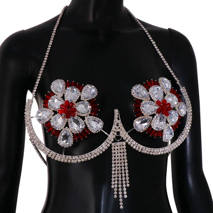 Rhinestone Flower Nipple Pasties & Body Chain Bra Set
