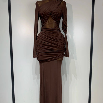 Ruched Mesh Draped Bodycon Maxi Dress Long Sleeve Illusion Evening Gown