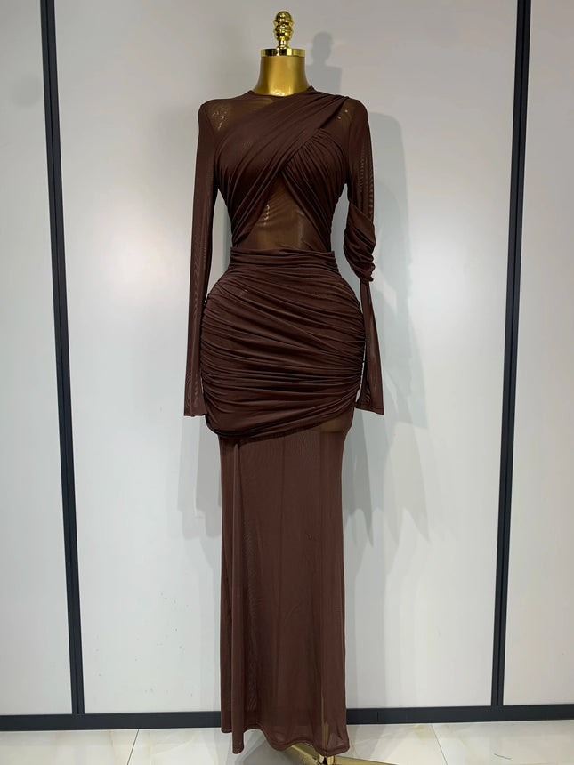 Ruched Mesh Draped Bodycon Maxi Dress Long Sleeve Illusion Evening Gown